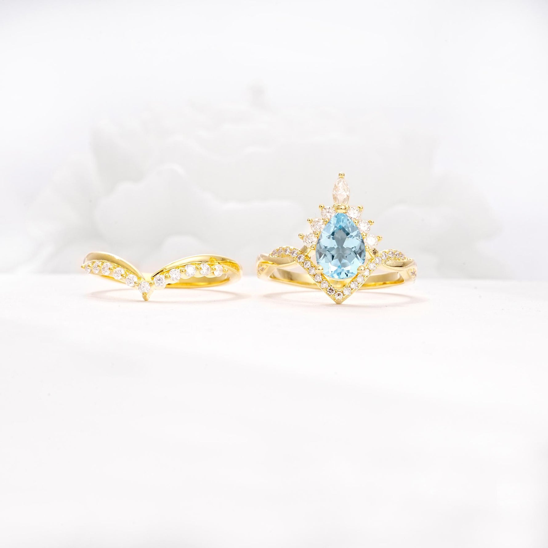 Pear Cut Aquamarine Crown Engagement Ring Set with Chevron Enhancer - Additional view