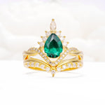Pear Cut Emerald Crown Engagement Ring Set with Chevron Enhancer - Yellow-Gold