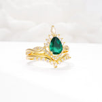 Pear Cut Emerald Crown Engagement Ring Set with Chevron Enhancer - White-Gold