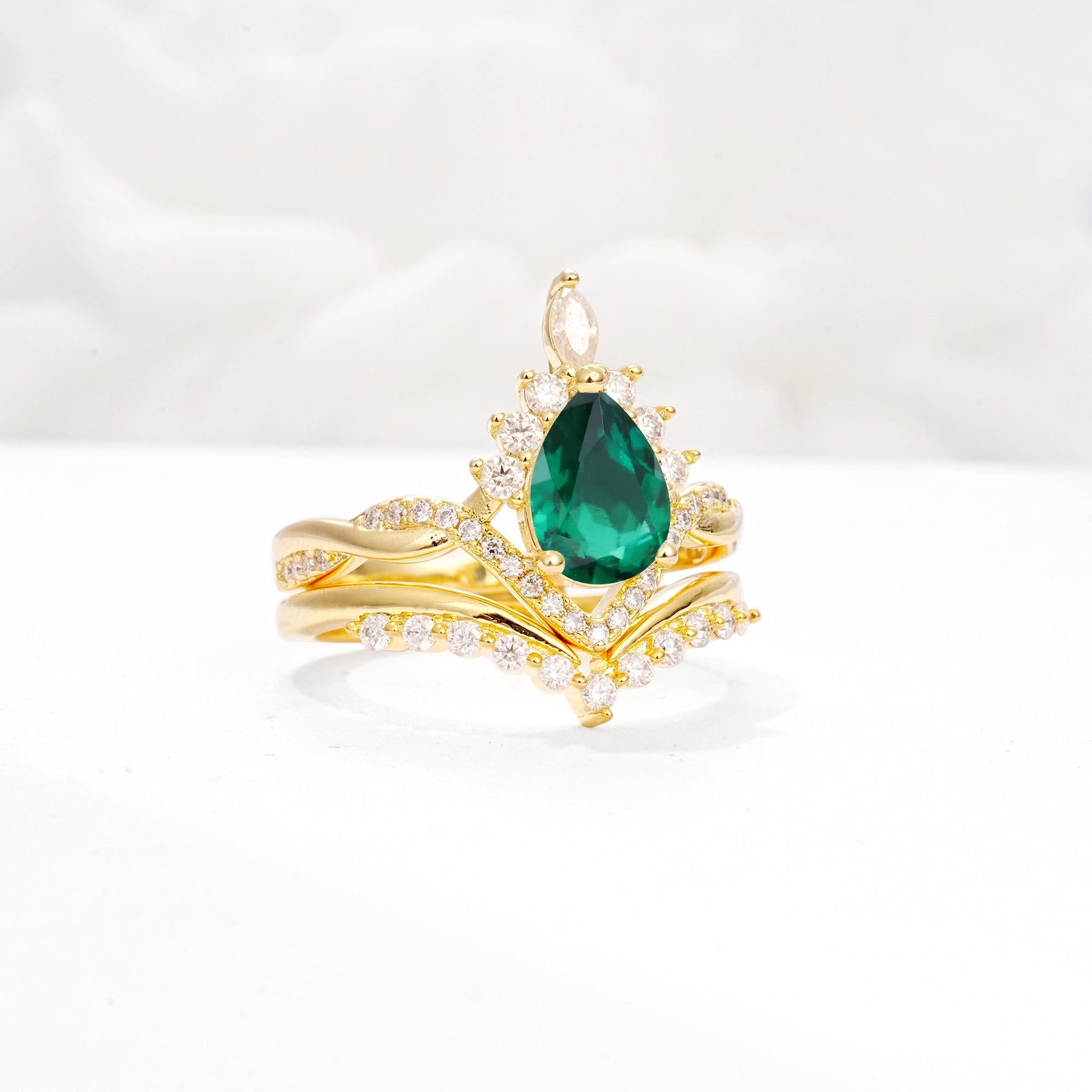 Pear Cut Emerald Crown Engagement Ring Set with Chevron Enhancer - White-Gold