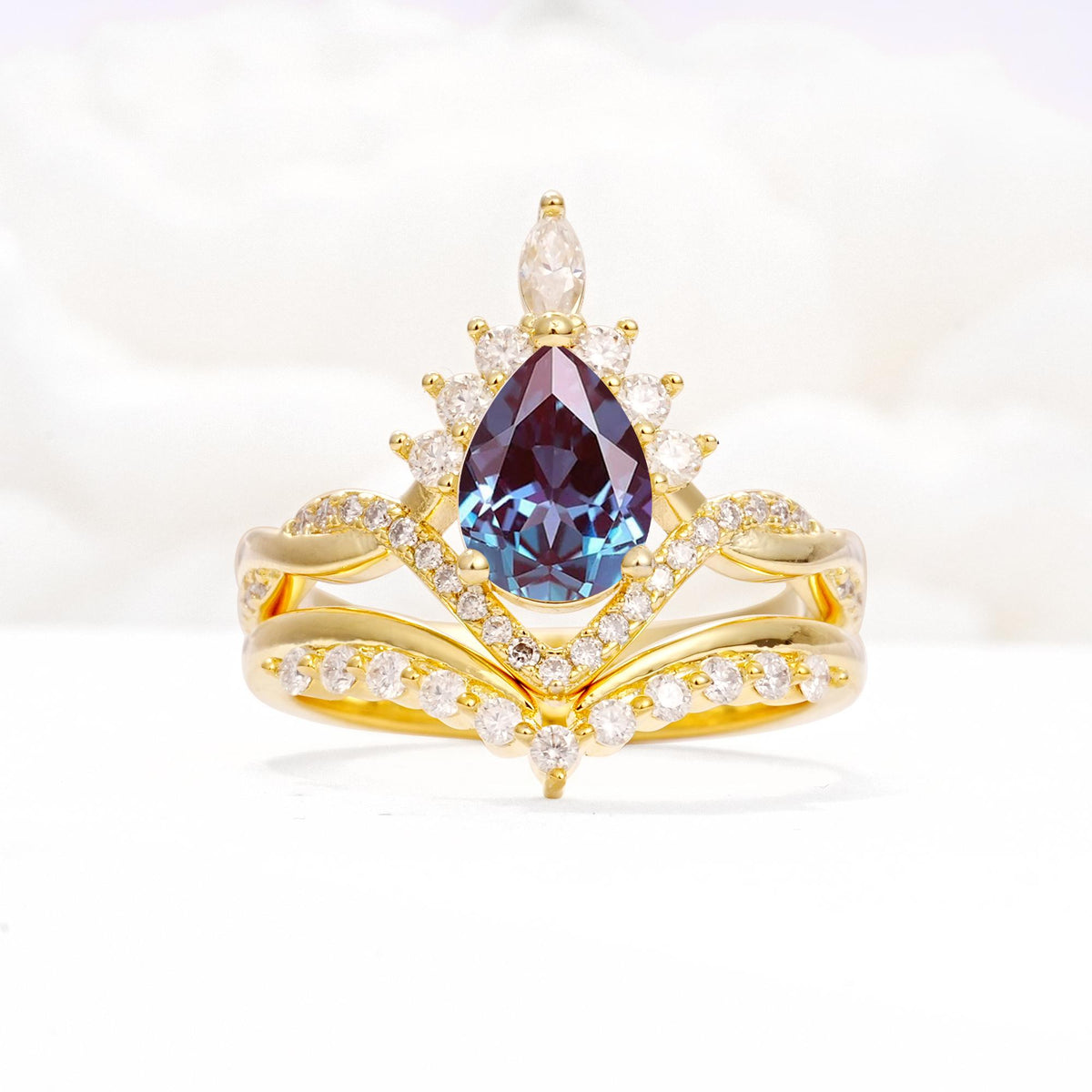 Pear Cut Alexandrite Crown Engagement Ring Set with Chevron Enhancer - Yellow-Gold