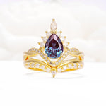 Pear Cut Alexandrite Crown Engagement Ring Set with Chevron Enhancer - Yellow-Gold