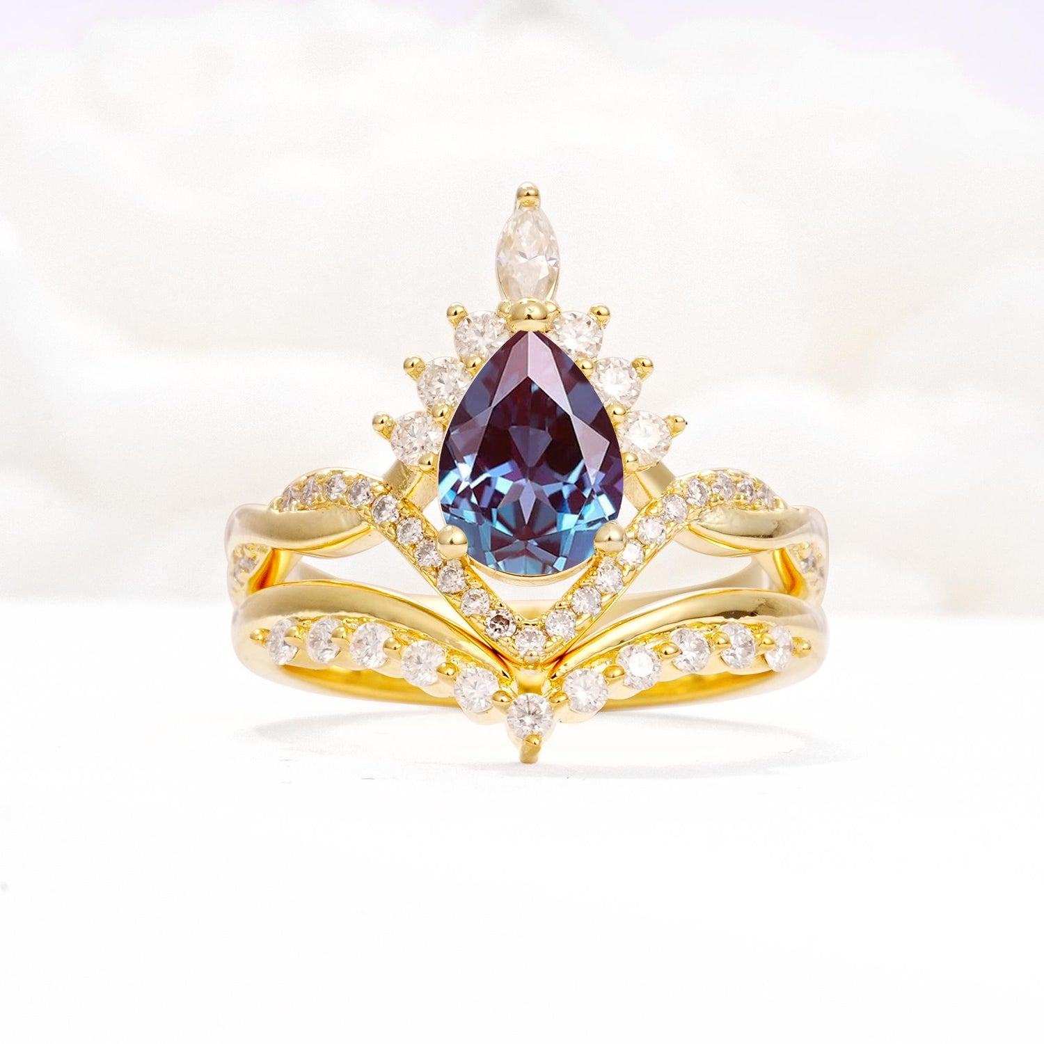 Pear Cut Alexandrite Crown Engagement Ring Set with Chevron Enhancer - Yellow-Gold