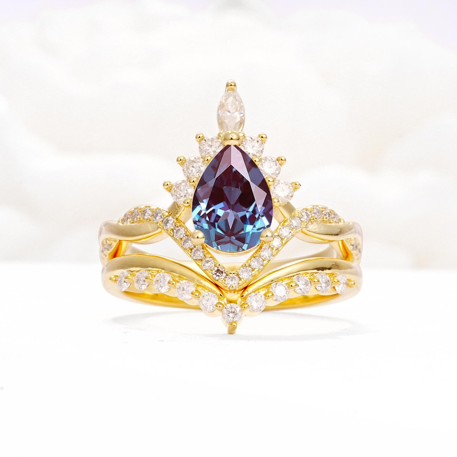 Pear Cut Alexandrite Crown Engagement Ring Set with Chevron Enhancer - Yellow-Gold