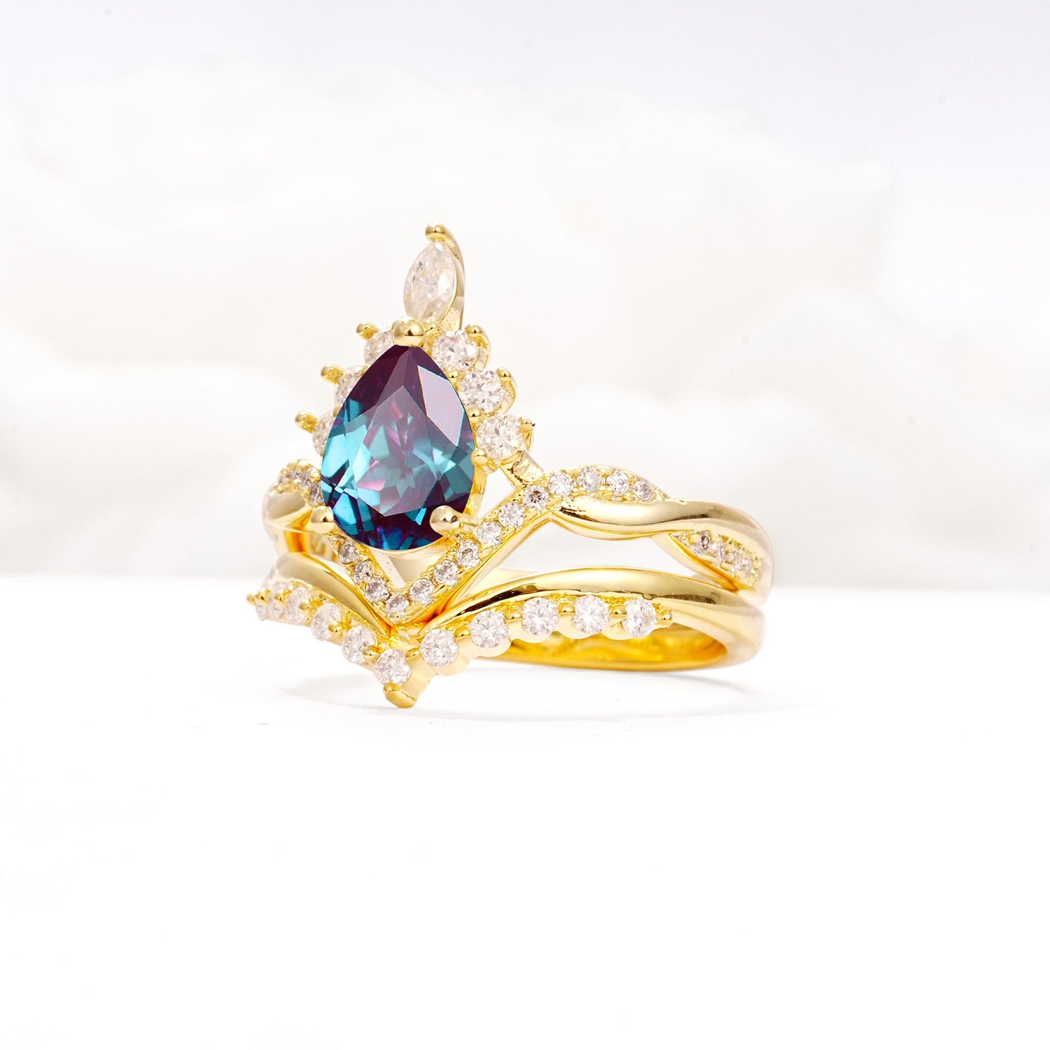 Pear Cut Alexandrite Crown Engagement Ring Set with Chevron Enhancer - Rose-Gold