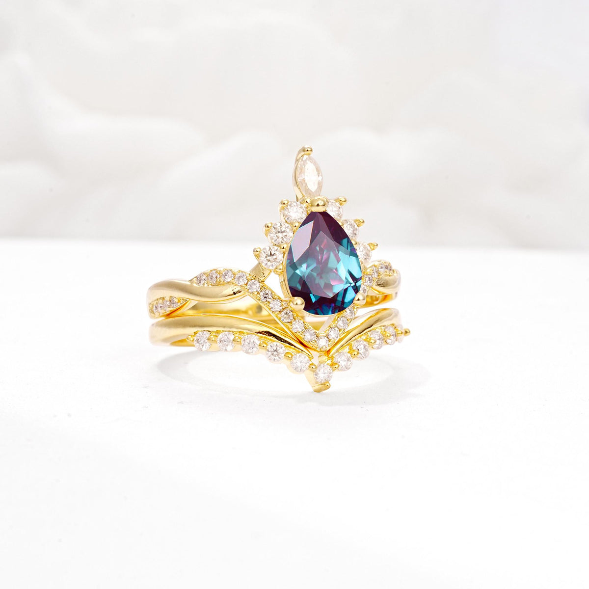 Pear Cut Alexandrite Crown Engagement Ring Set with Chevron Enhancer - White-Gold