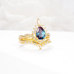 Pear Cut Alexandrite Crown Engagement Ring Set with Chevron Enhancer - White-Gold