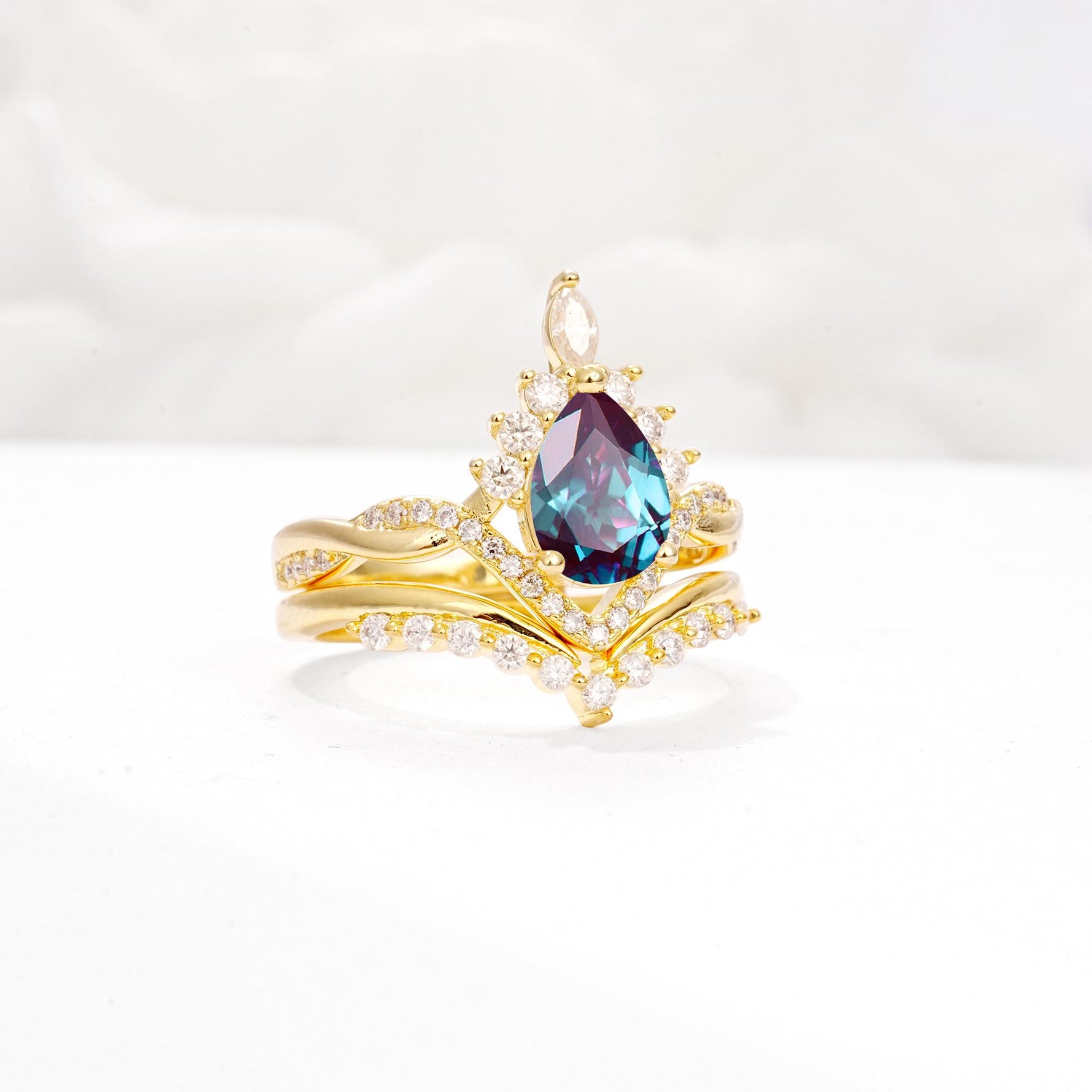 Pear Cut Alexandrite Crown Engagement Ring Set with Chevron Enhancer - White-Gold