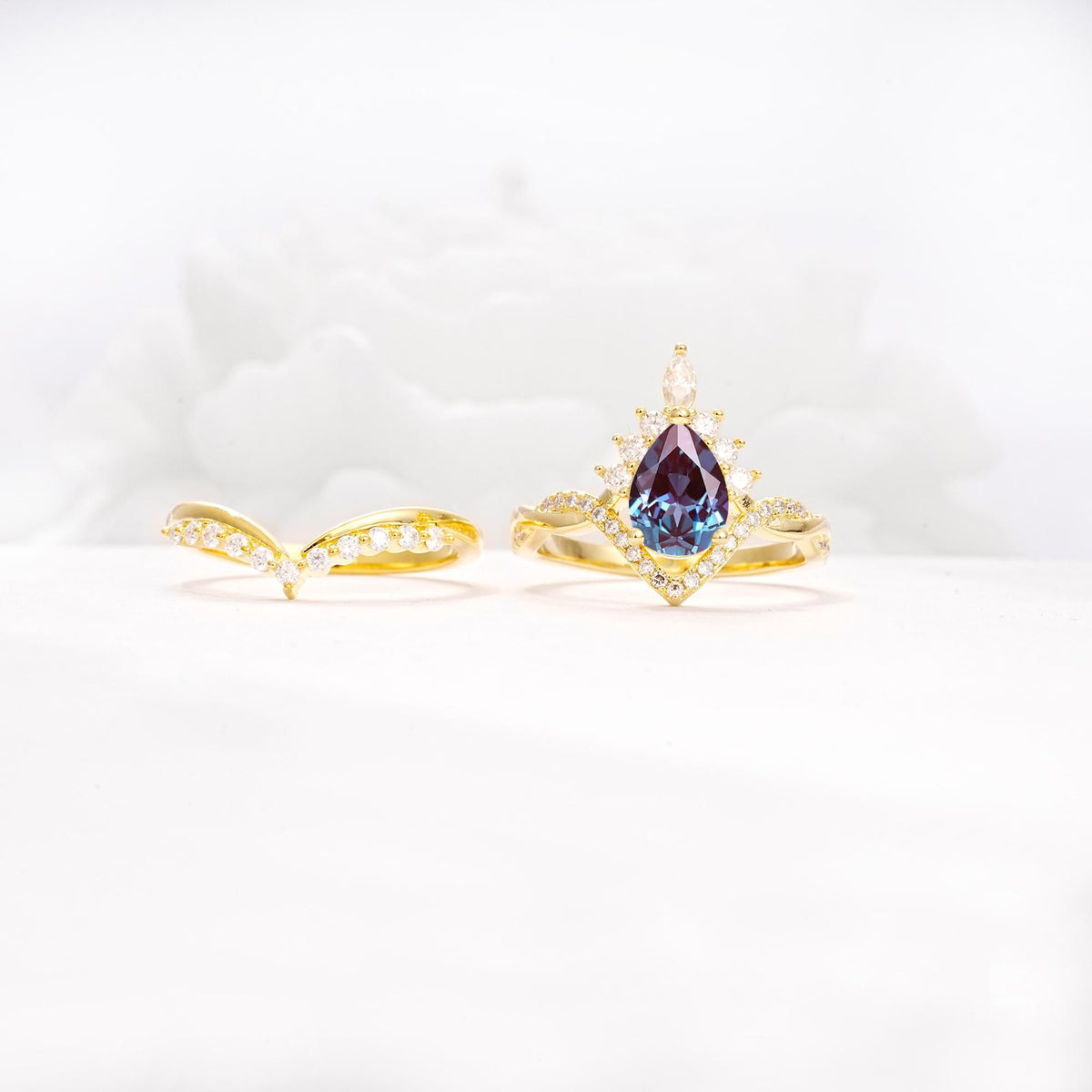 Pear Cut Alexandrite Crown Engagement Ring Set with Chevron Enhancer - Additional view