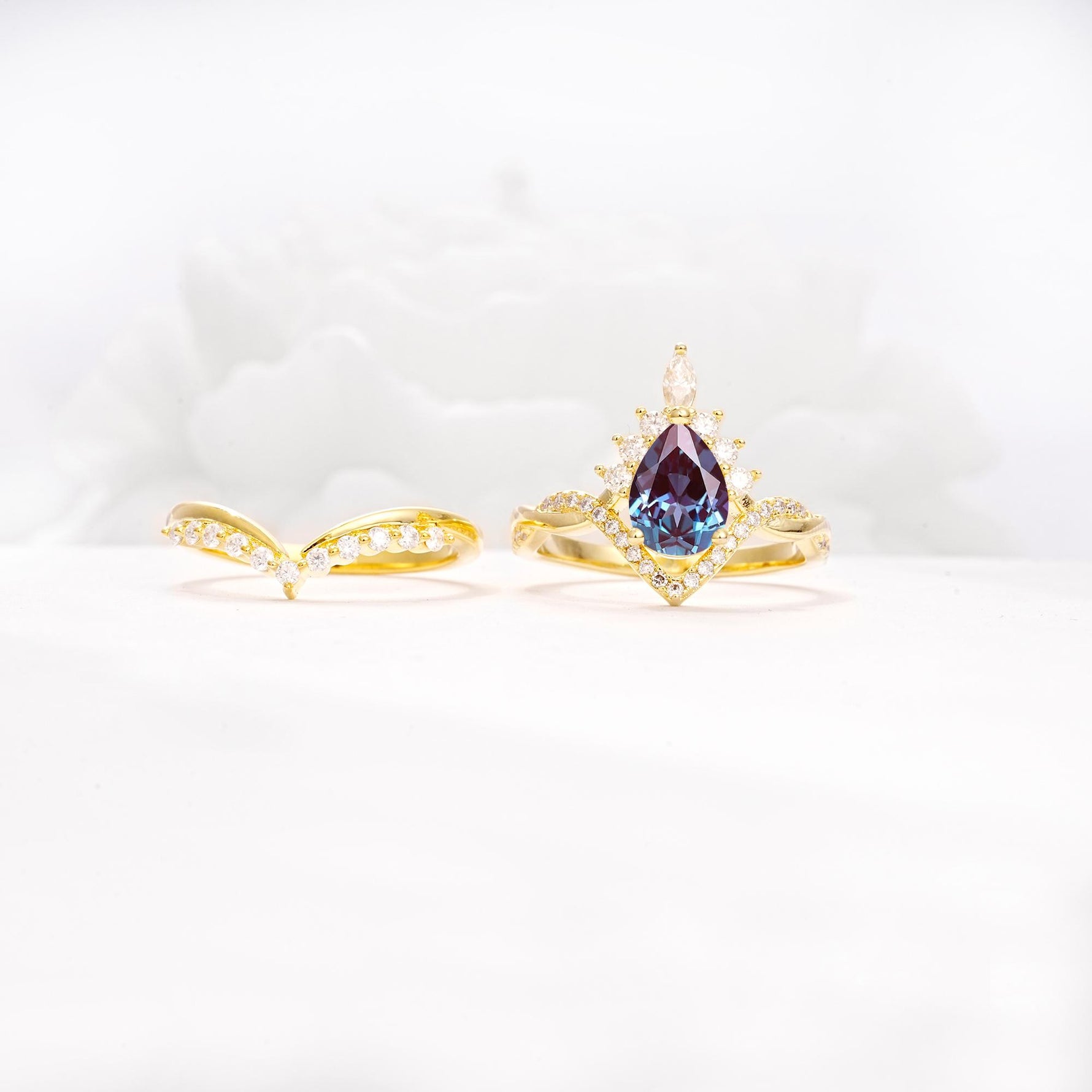 Pear Cut Alexandrite Crown Engagement Ring Set with Chevron Enhancer - Additional view