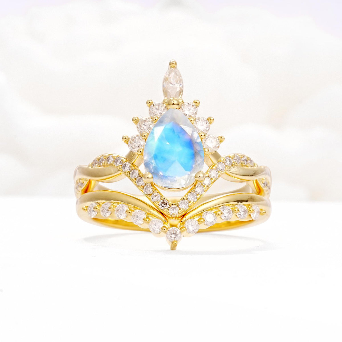 Pear Cut Moonstone Crown Engagement Ring Set with Chevron Enhancer - Yellow-Gold