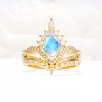 Pear Cut Moonstone Crown Engagement Ring Set with Chevron Enhancer - Yellow-Gold