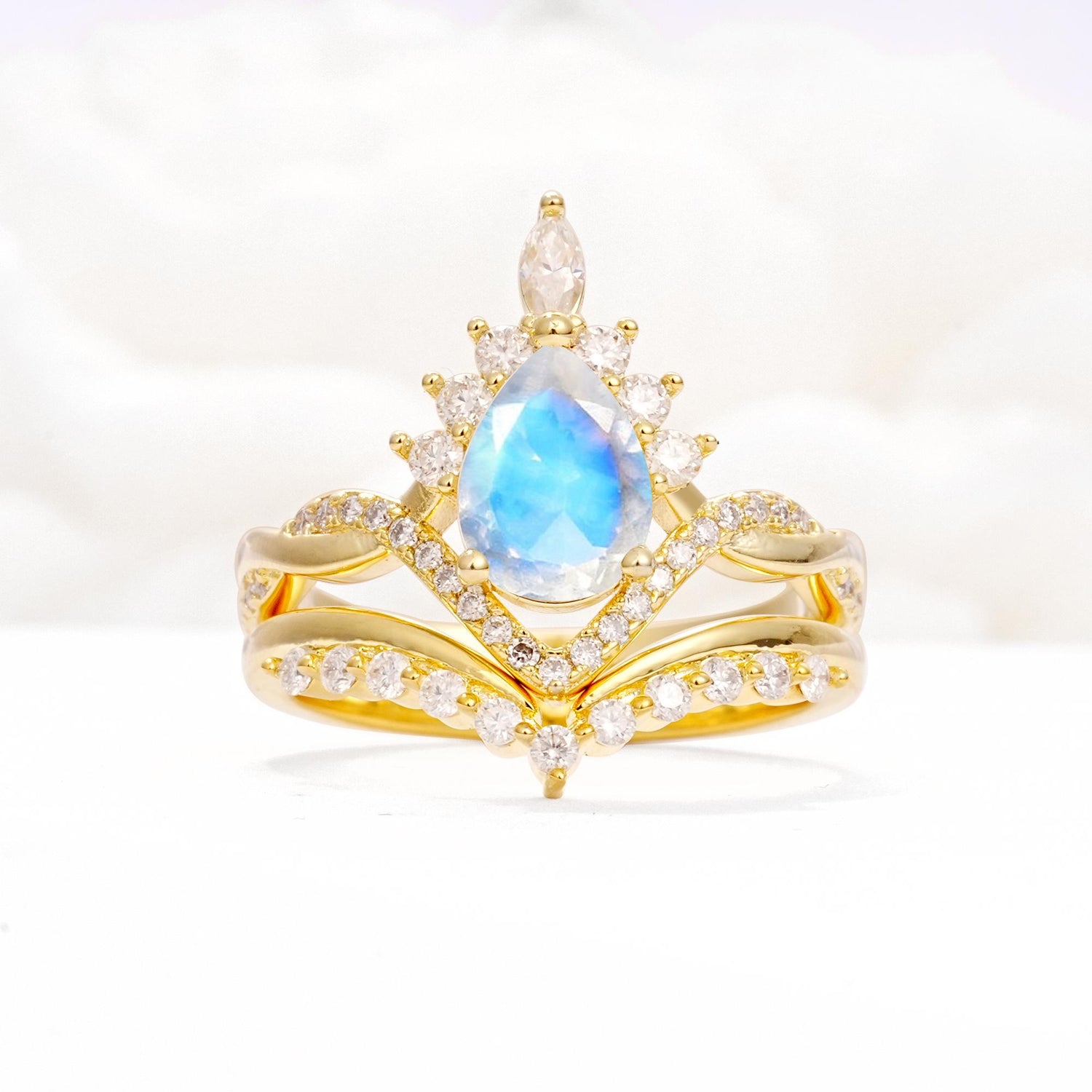 Pear Cut Moonstone Crown Engagement Ring Set with Chevron Enhancer - Yellow-Gold
