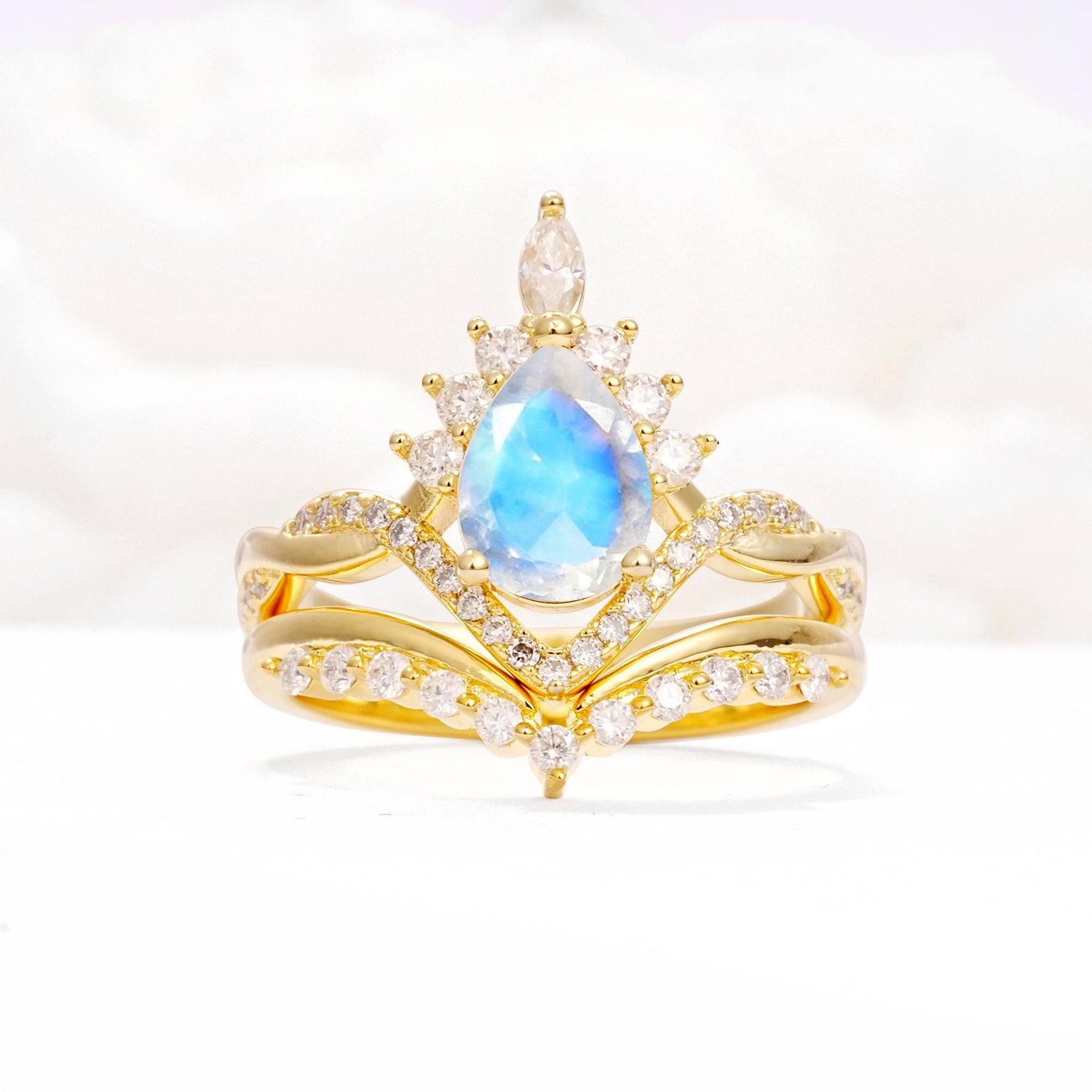 Pear Cut Moonstone Crown Engagement Ring Set with Chevron Enhancer - Yellow-Gold