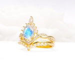 Pear Cut Moonstone Crown Engagement Ring Set with Chevron Enhancer - Rose-Gold