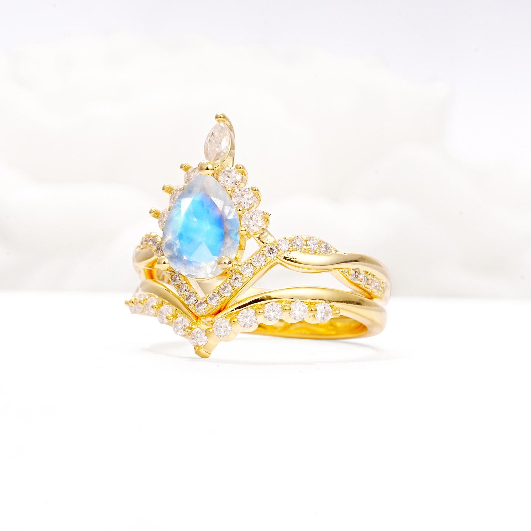 Pear Cut Moonstone Crown Engagement Ring Set with Chevron Enhancer - Rose-Gold