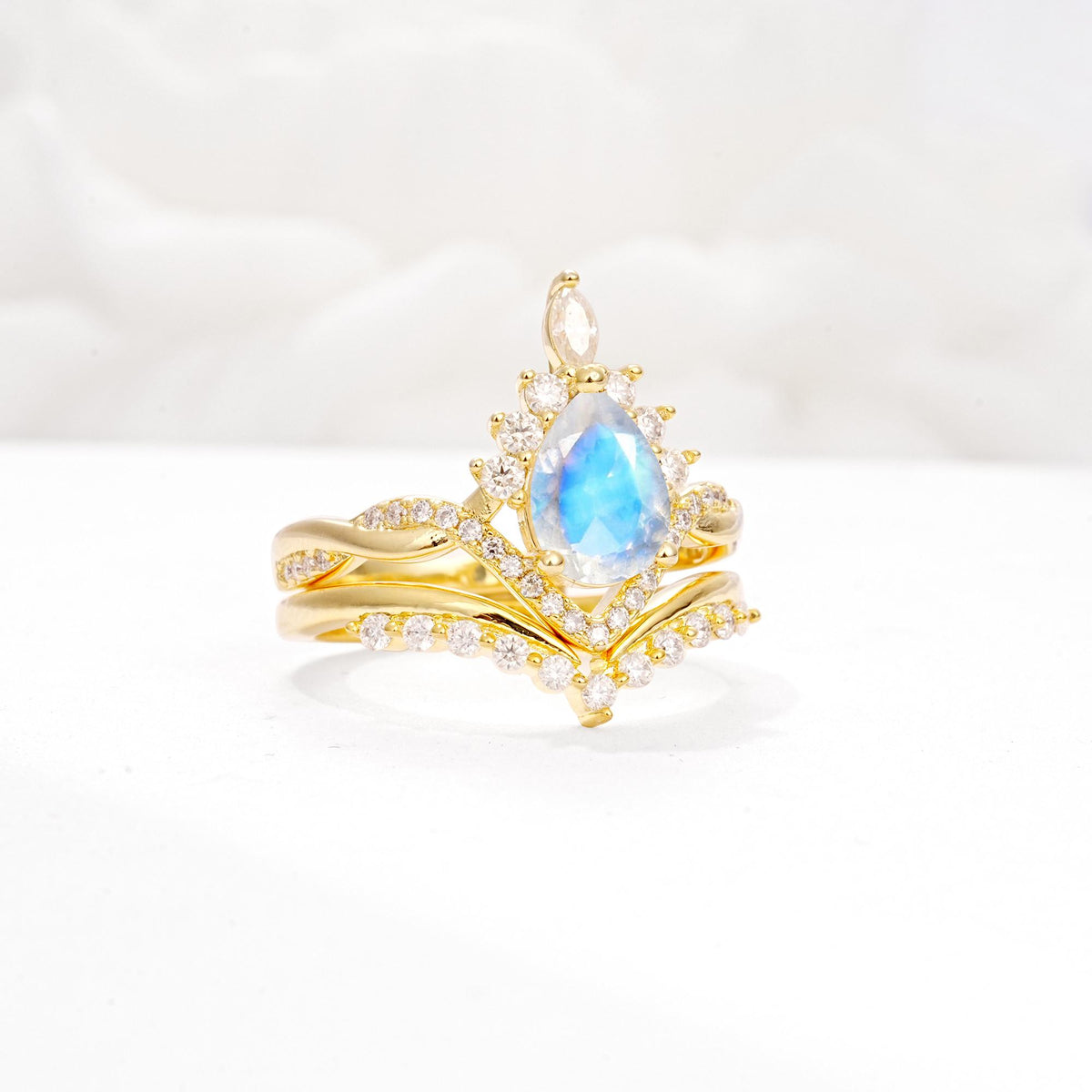 Pear Cut Moonstone Crown Engagement Ring Set with Chevron Enhancer - White-Gold