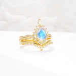Pear Cut Moonstone Crown Engagement Ring Set with Chevron Enhancer - White-Gold