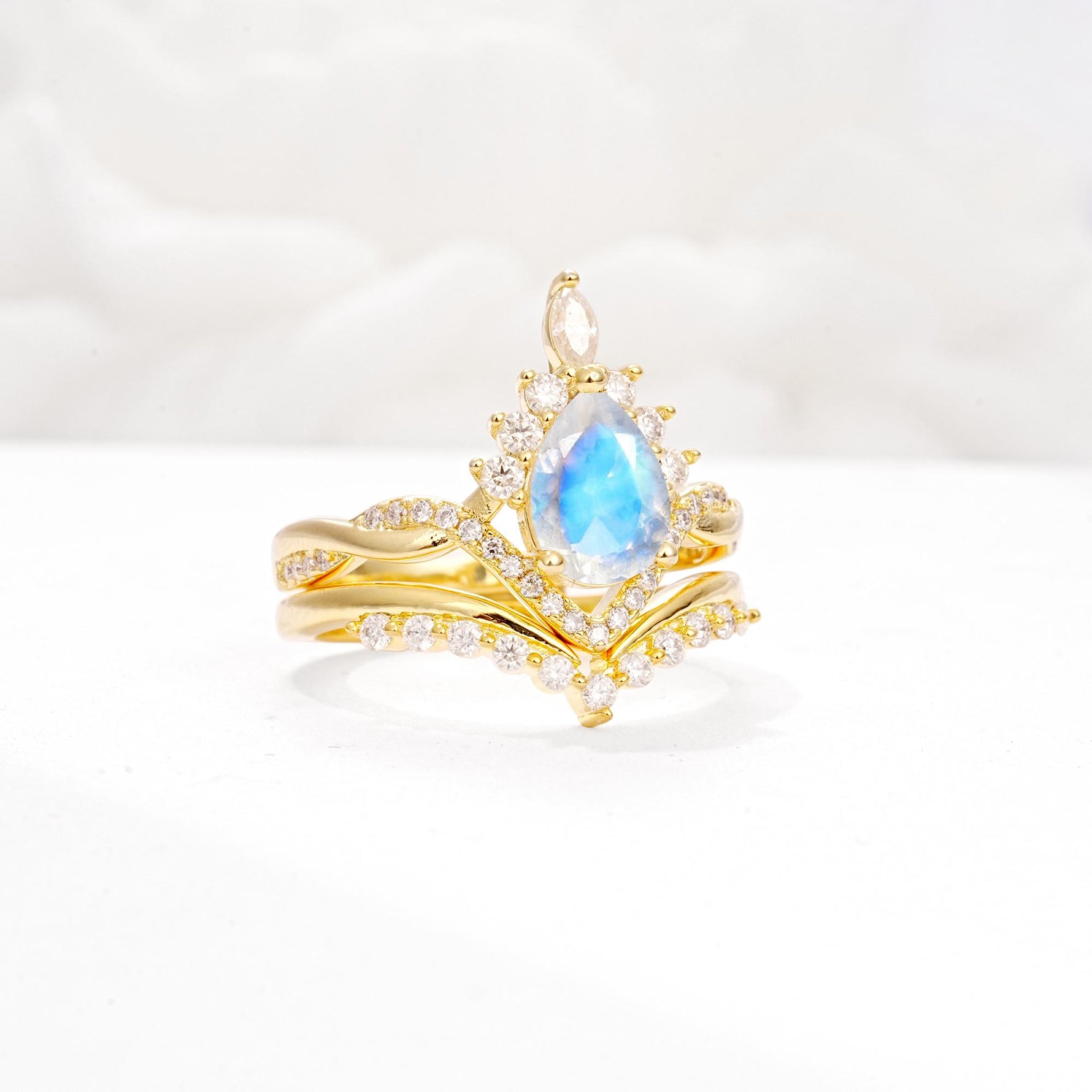 Pear Cut Moonstone Crown Engagement Ring Set with Chevron Enhancer - White-Gold