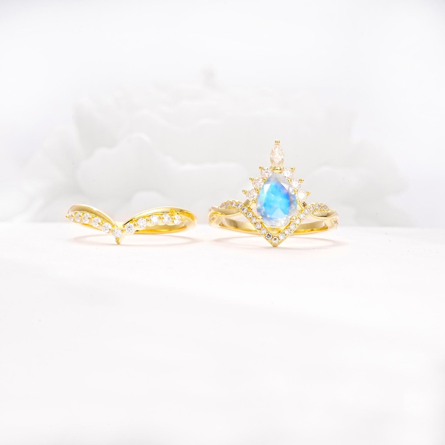 Pear Cut Moonstone Crown Engagement Ring Set with Chevron Enhancer - Additional view