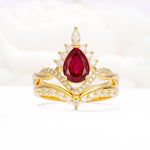 Pear Cut Ruby Crown Engagement Ring Set with Chevron Enhancer - Yellow-Gold