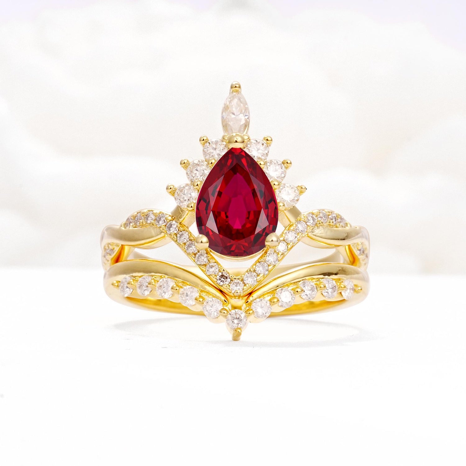 Pear Cut Ruby Crown Engagement Ring Set with Chevron Enhancer - Yellow-Gold