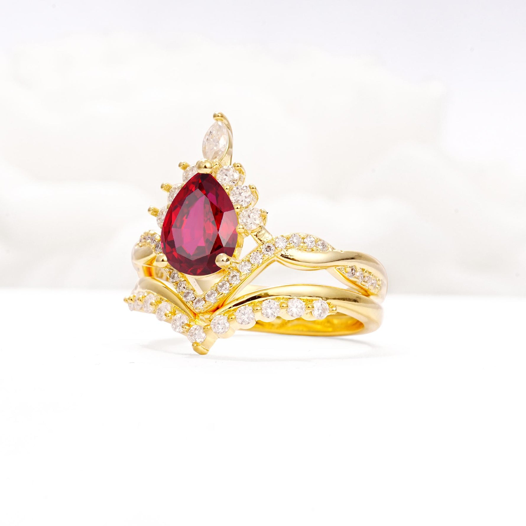 Pear Cut Ruby Crown Engagement Ring Set with Chevron Enhancer - Rose-Gold