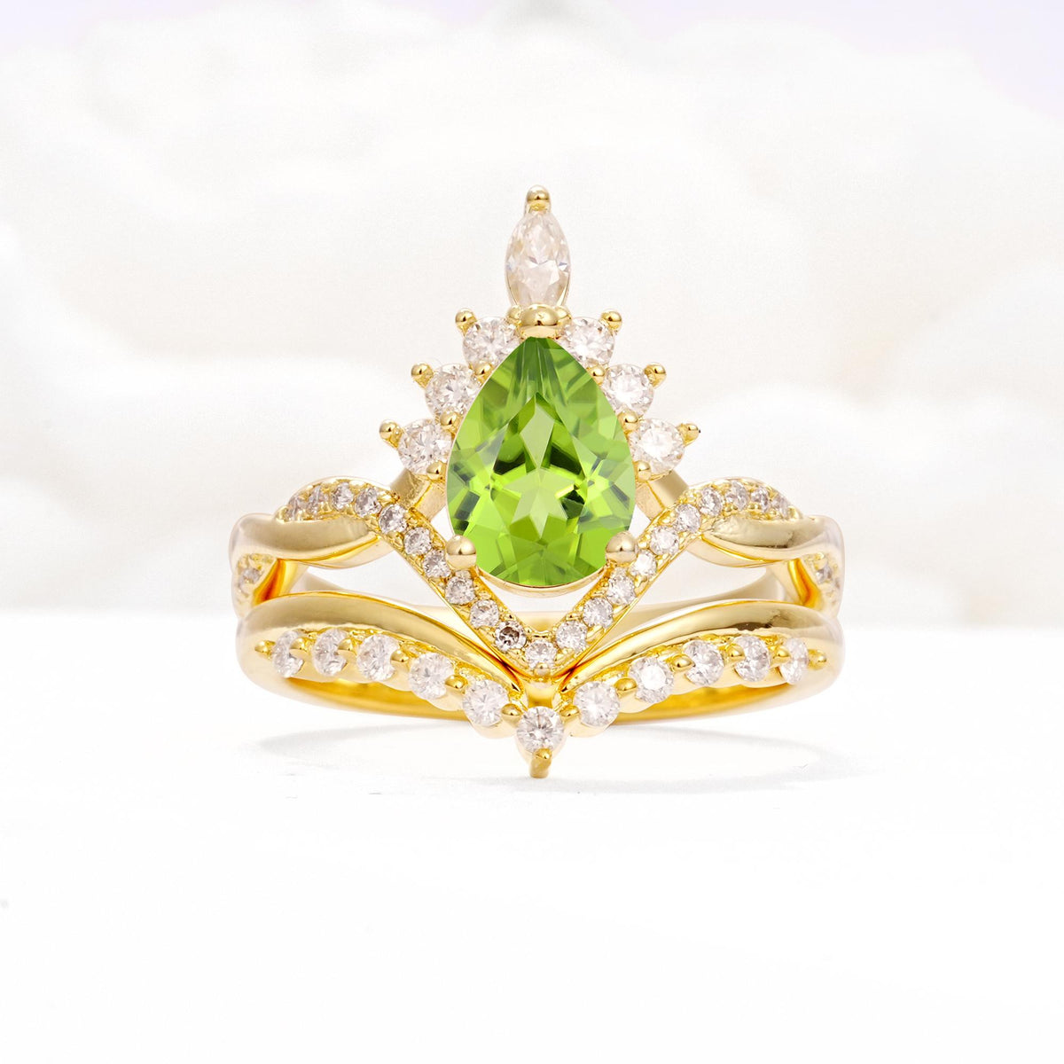 Pear Cut Peridot Crown Engagement Ring Set with Chevron Enhancer - Yellow-Gold