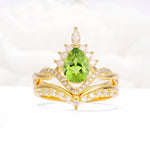 Pear Cut Peridot Crown Engagement Ring Set with Chevron Enhancer - Yellow-Gold