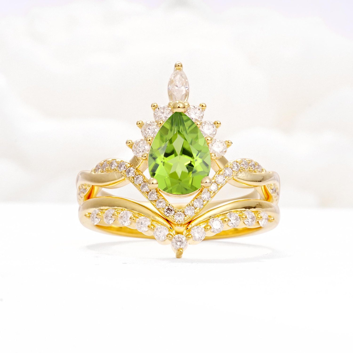 Pear Cut Peridot Crown Engagement Ring Set with Chevron Enhancer - Yellow-Gold