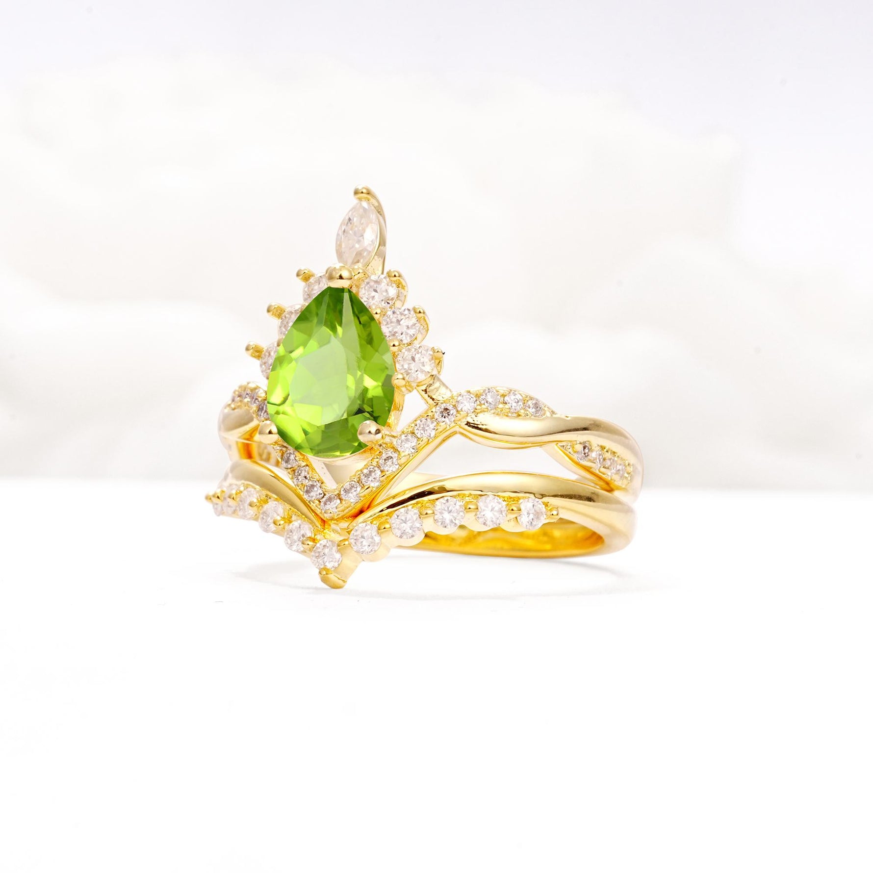 Pear Cut Peridot Crown Engagement Ring Set with Chevron Enhancer - Rose-Gold