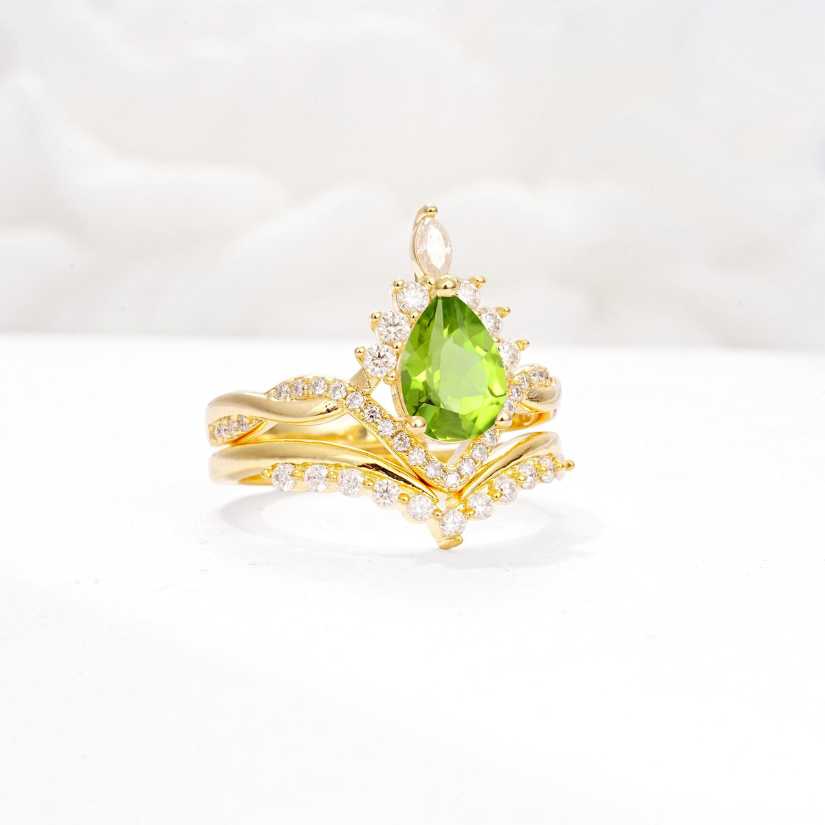 Pear Cut Peridot Crown Engagement Ring Set with Chevron Enhancer - White-Gold