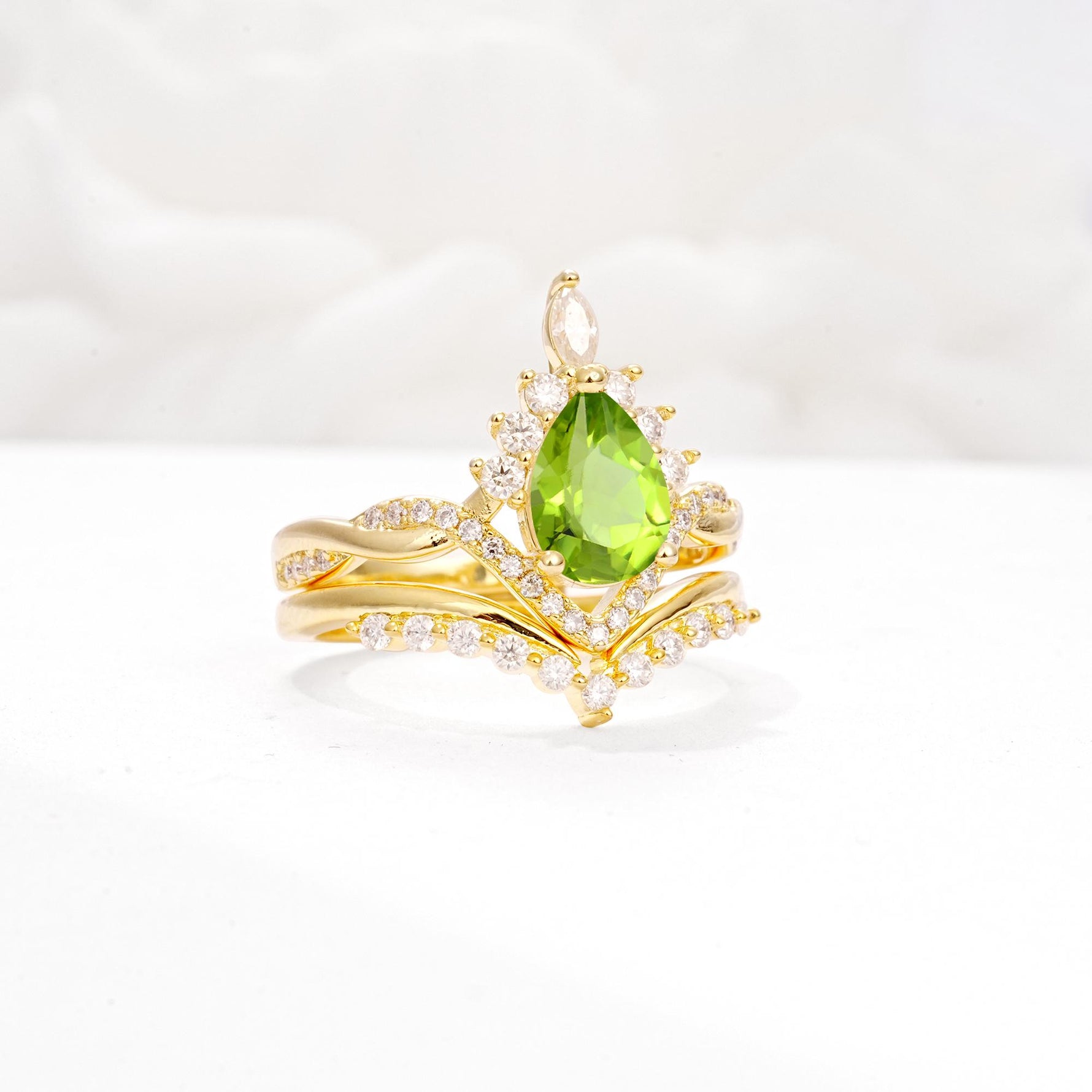 Pear Cut Peridot Crown Engagement Ring Set with Chevron Enhancer - White-Gold
