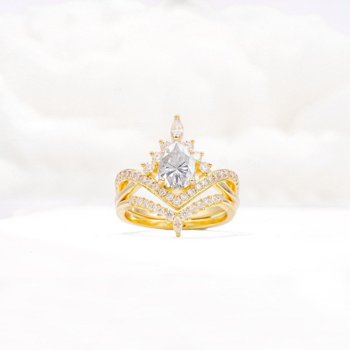Tiara Pear Cut Moissanite Bridal Ring Set with Chevron Enhancer Band - Yellow-Gold