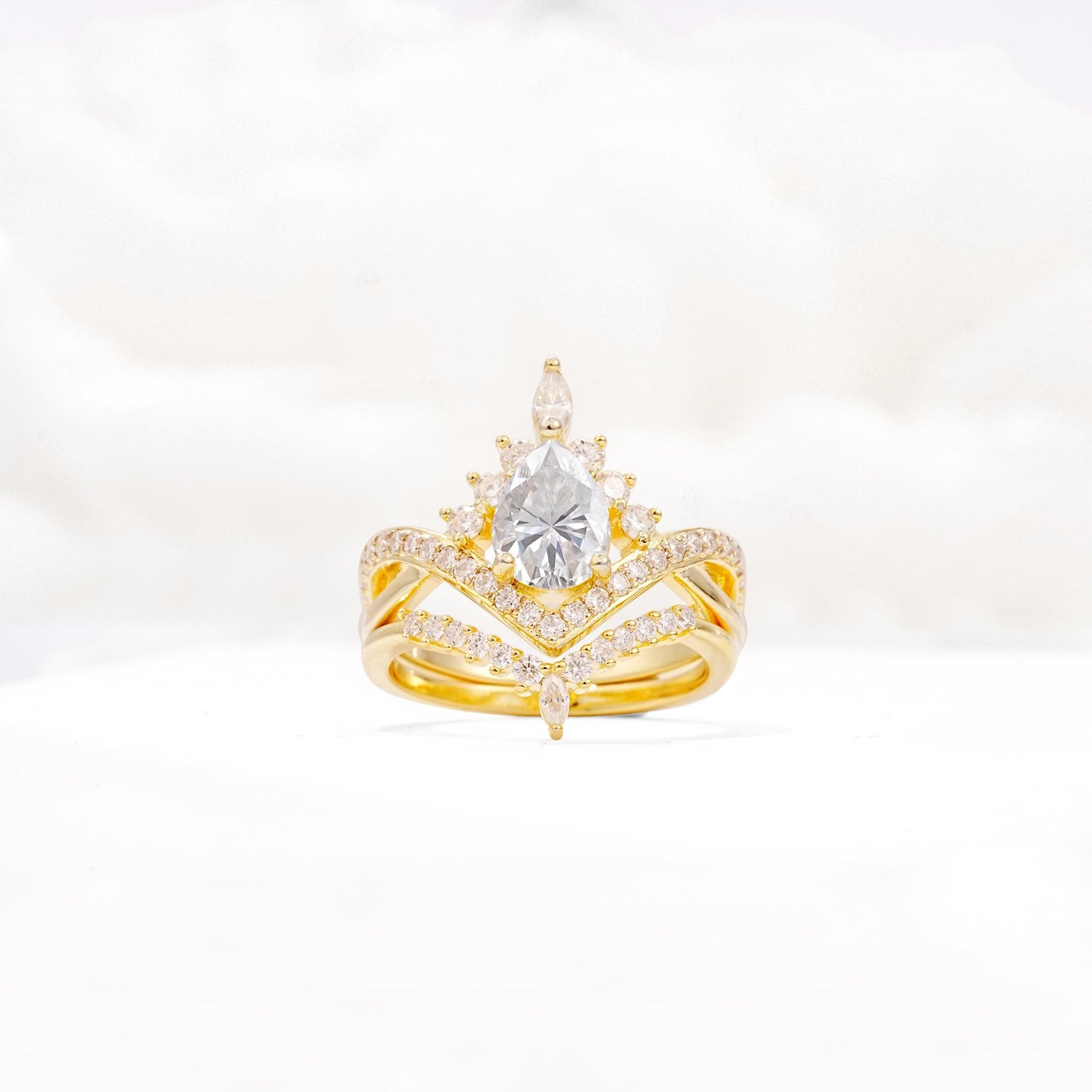 Tiara Pear Cut Moissanite Bridal Ring Set with Chevron Enhancer Band - Yellow-Gold