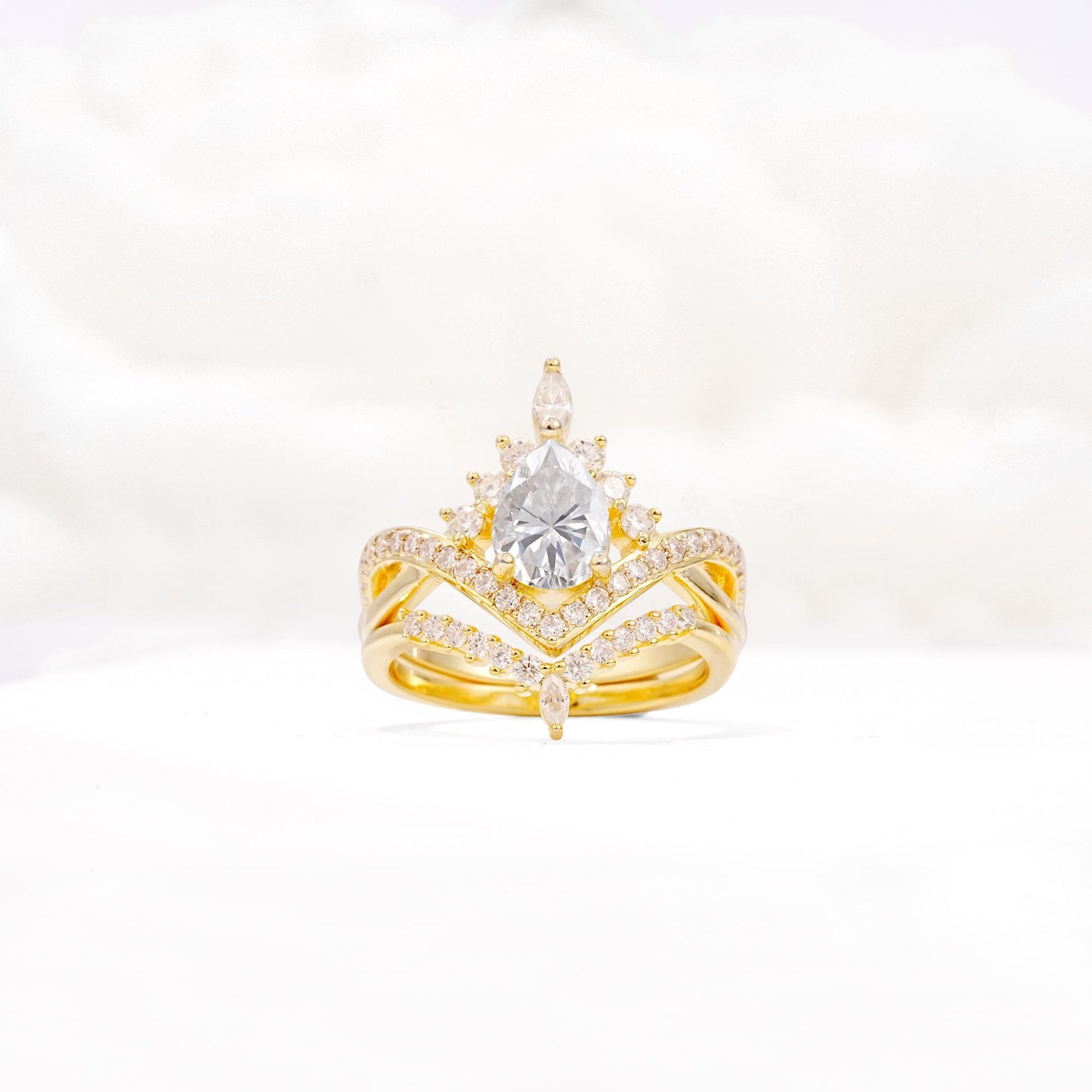 Tiara Pear Cut Moissanite Bridal Ring Set with Chevron Enhancer Band - Yellow-Gold