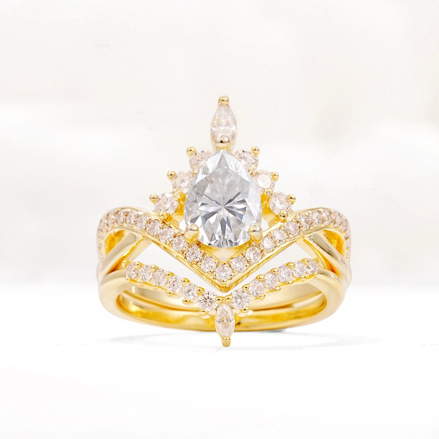 Tiara Pear Cut Moissanite Bridal Ring Set with Chevron Enhancer Band