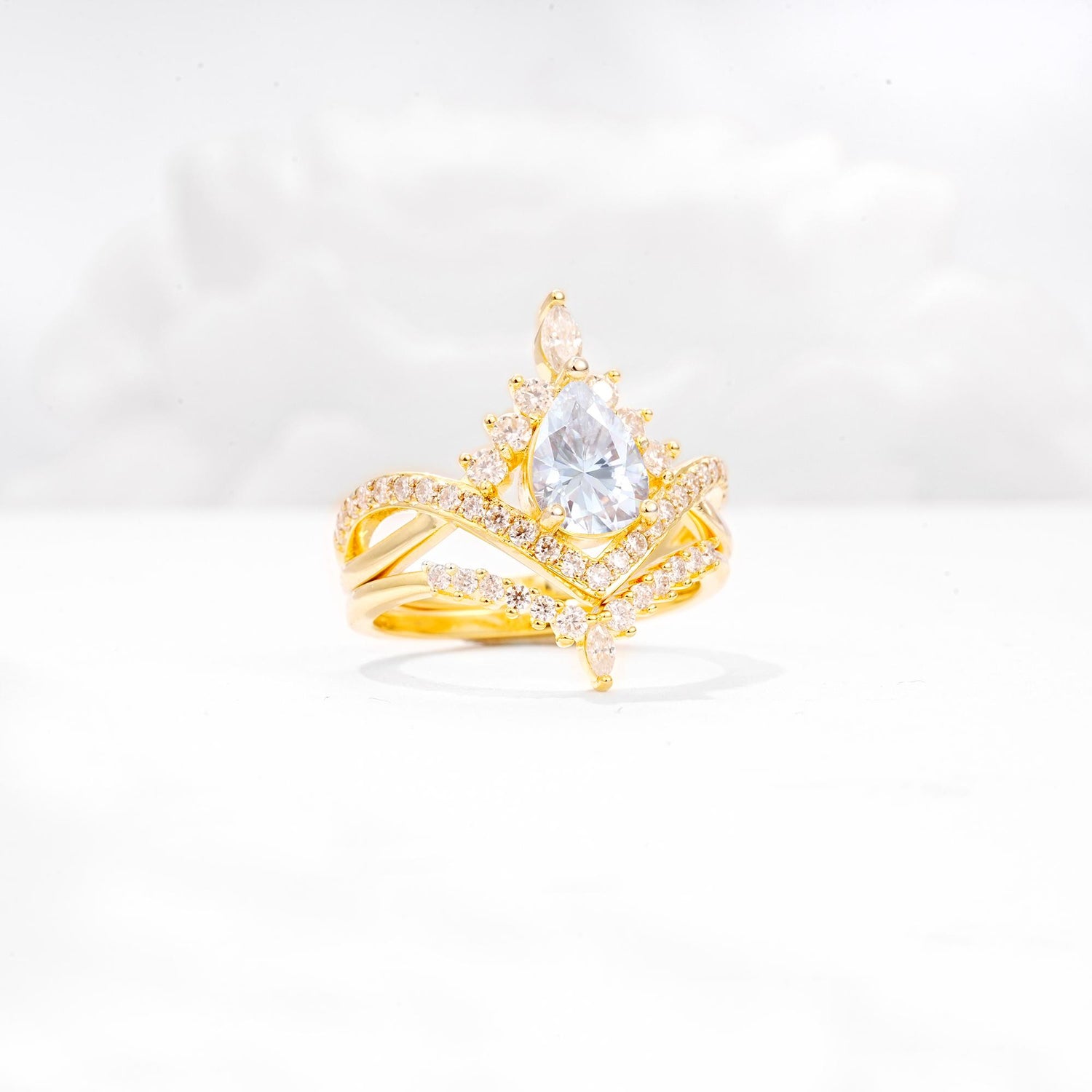 Tiara Pear Cut Moissanite Bridal Ring Set with Chevron Enhancer Band - Rose-Gold