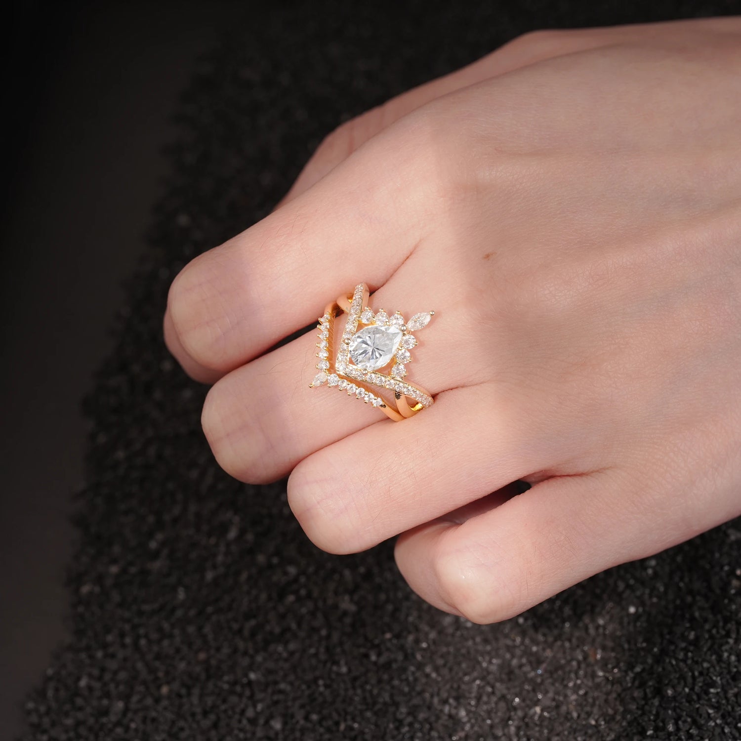 Tiara Pear Cut Moissanite Bridal Ring Set with Chevron Enhancer Band