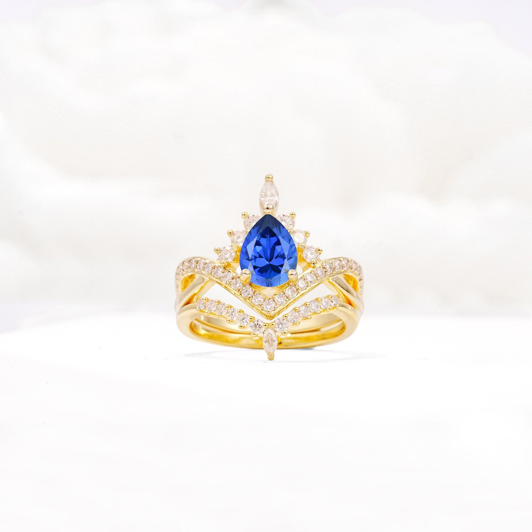 Tiara Pear Cut Sapphire Bridal Ring Set with Chevron Enhancer Band - Yellow-Gold
