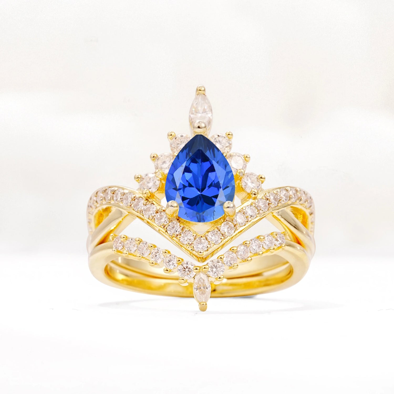 Tiara Pear Cut Sapphire Bridal Ring Set with Chevron Enhancer Band