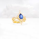 Tiara Pear Cut Sapphire Bridal Ring Set with Chevron Enhancer Band - Rose-Gold