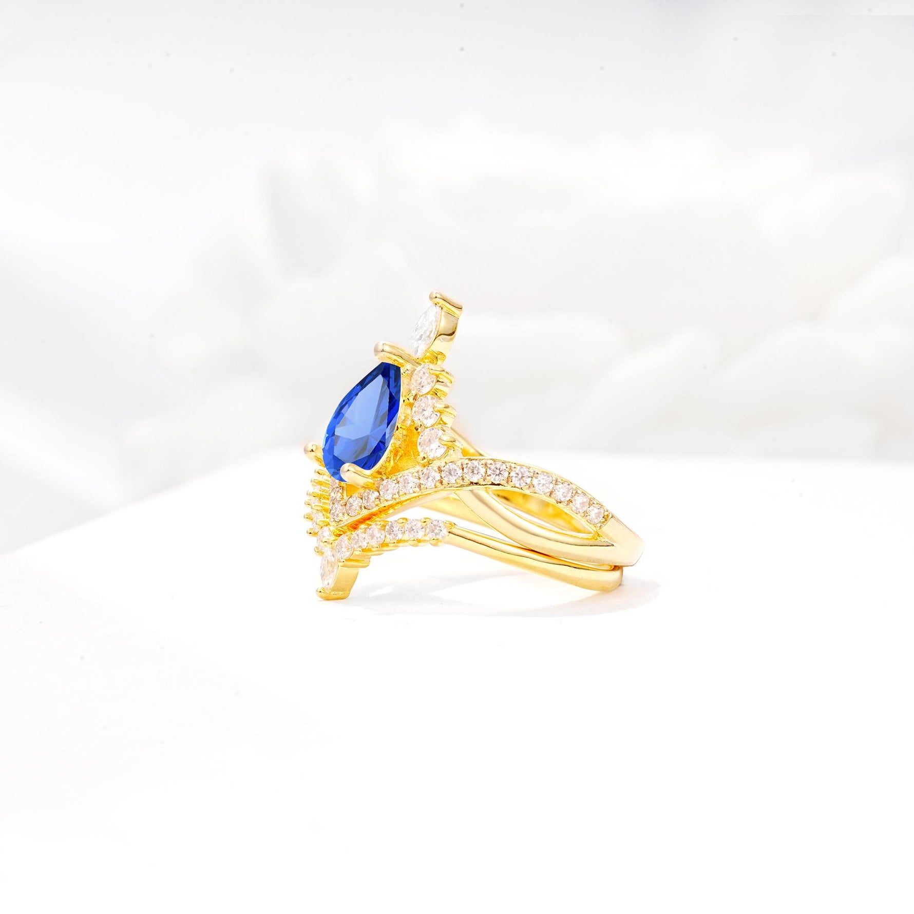 Tiara Pear Cut Sapphire Bridal Ring Set with Chevron Enhancer Band - White-Gold