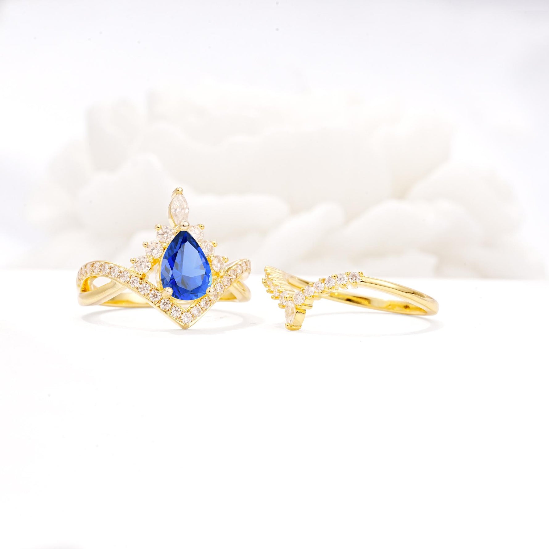 Tiara Pear Cut Sapphire Bridal Ring Set with Chevron Enhancer Band - Additional view