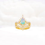 Tiara Pear Cut Fire Opal Bridal Ring Set with Chevron Enhancer Band - Yellow-Gold