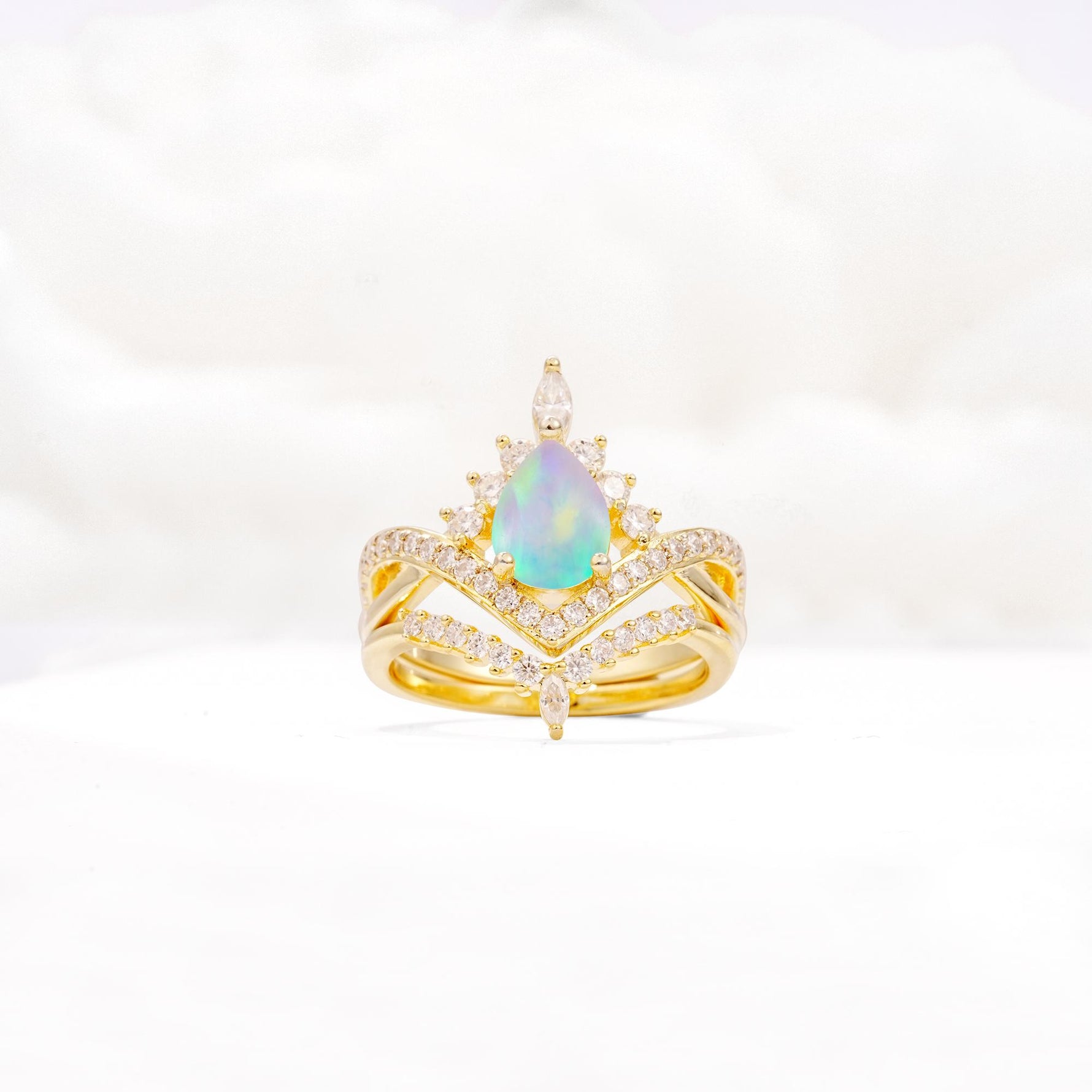 Tiara Pear Cut Fire Opal Bridal Ring Set with Chevron Enhancer Band - Yellow-Gold