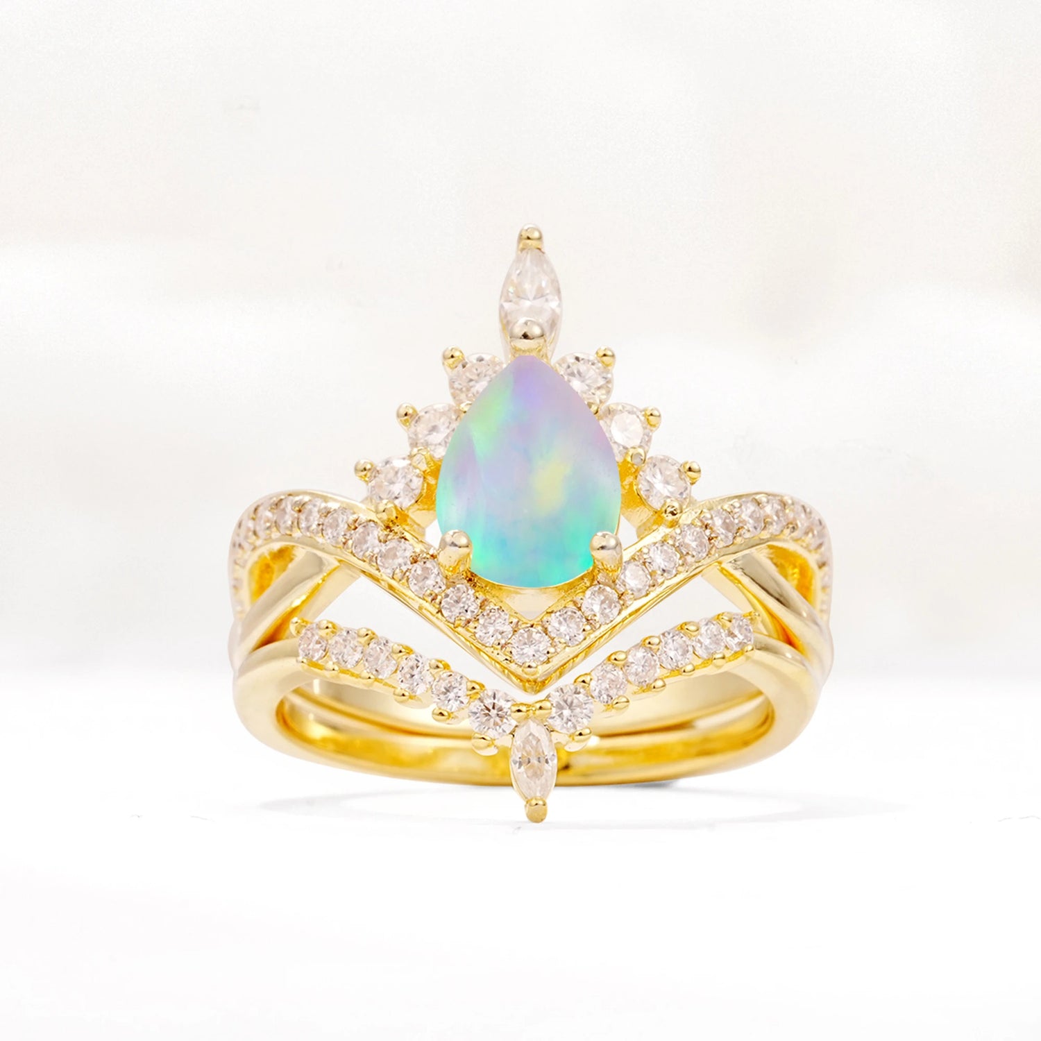 Tiara Pear Cut Fire Opal Bridal Ring Set with Chevron Enhancer Band