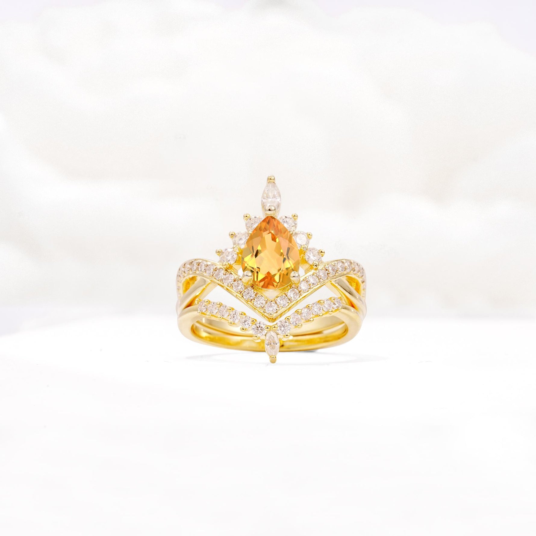 Tiara Pear Cut Citrine Bridal Ring Set with Chevron Enhancer Band - Yellow-Gold