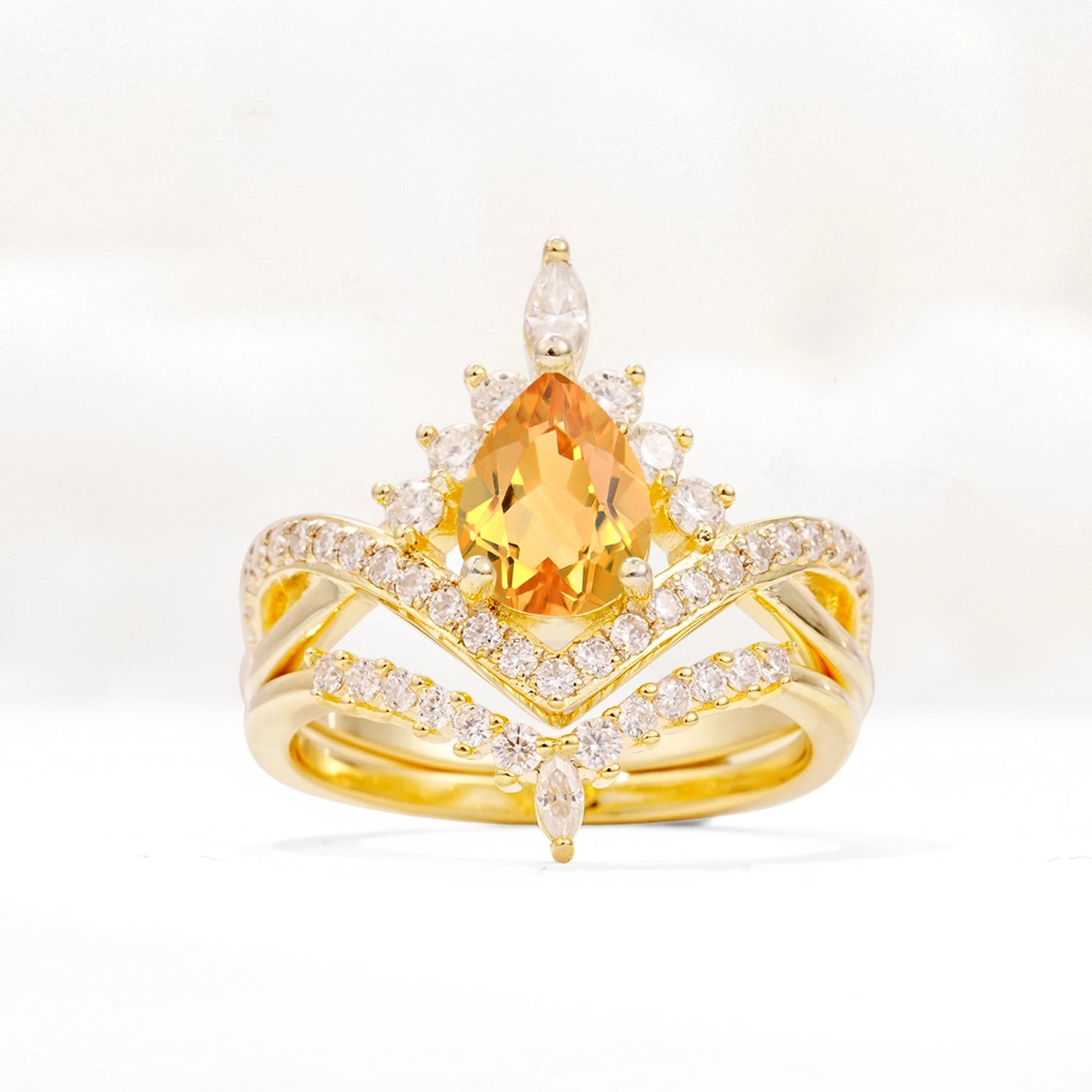 Tiara Pear Cut Citrine Bridal Ring Set with Chevron Enhancer Band