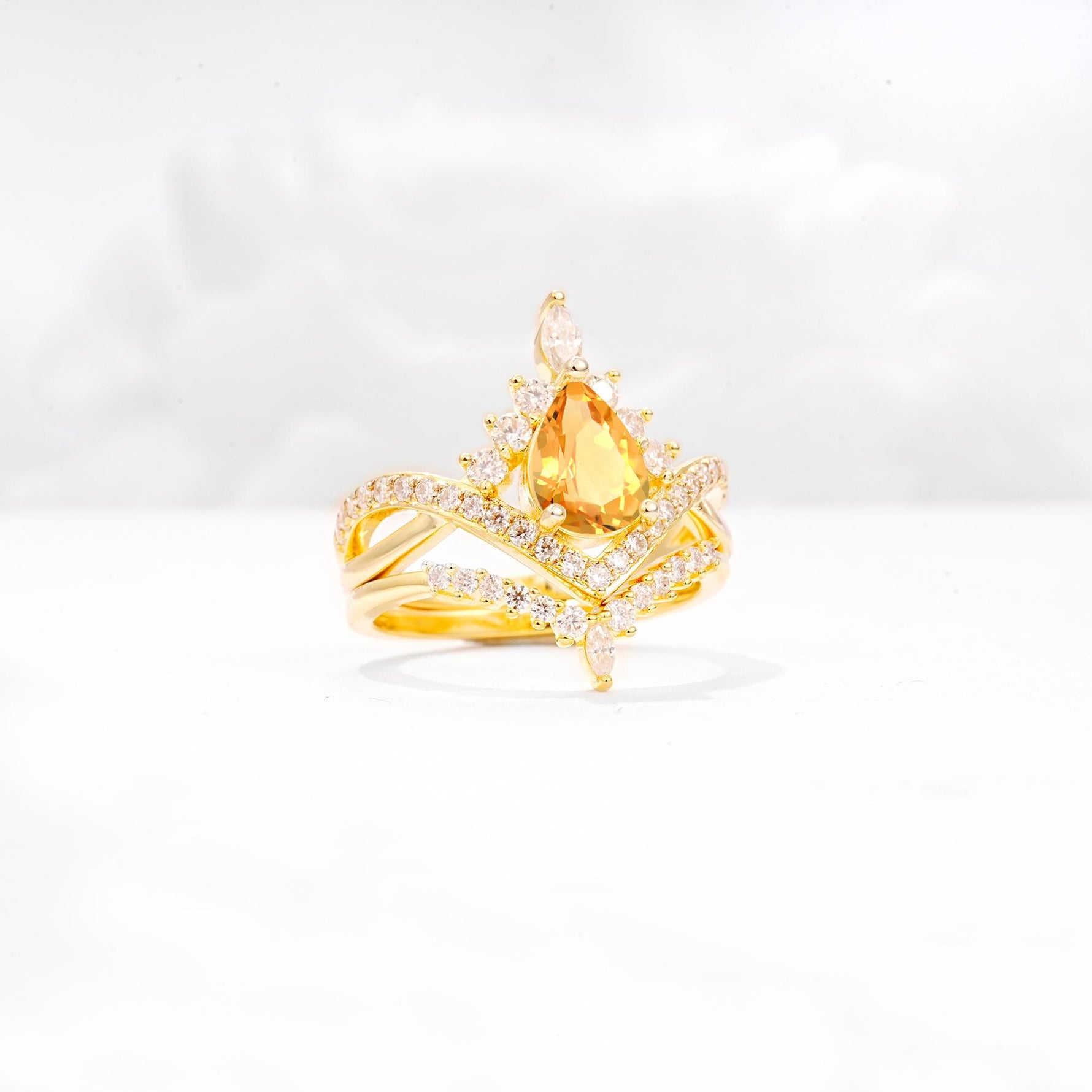 Tiara Pear Cut Citrine Bridal Ring Set with Chevron Enhancer Band - Rose-Gold